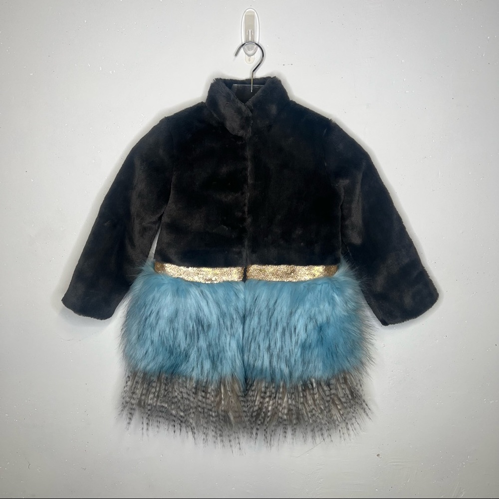 Imoga Black Faux Fur Jacket with Blue & Gold Trim
